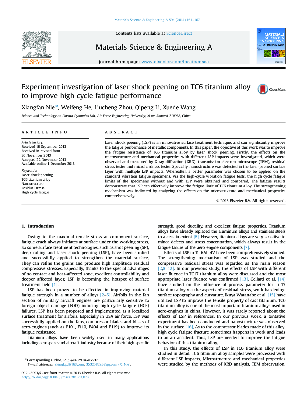 Experiment investigation of laser shock peening on TC6 titanium alloy to improve high cycle fatigue performance