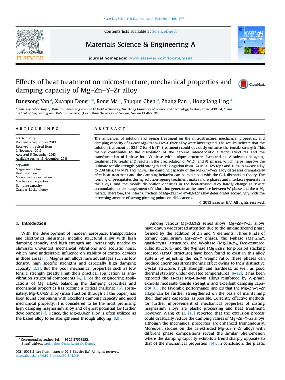 Effects of heat treatment on microstructure, mechanical properties and damping capacity of Mg-Zn-Y-Zr alloy