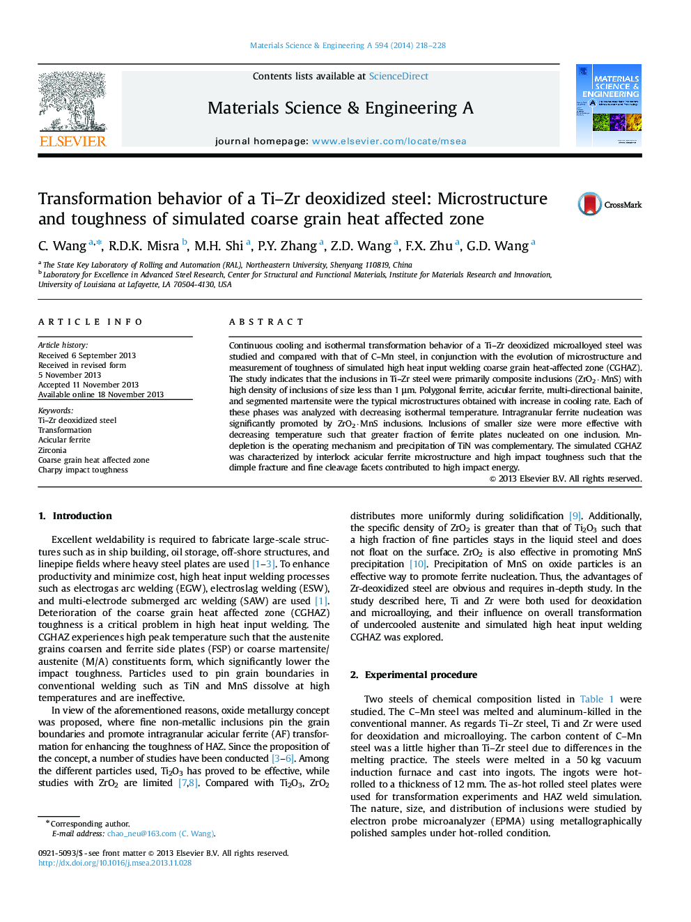 Transformation behavior of a Ti-Zr deoxidized steel: Microstructure and toughness of simulated coarse grain heat affected zone