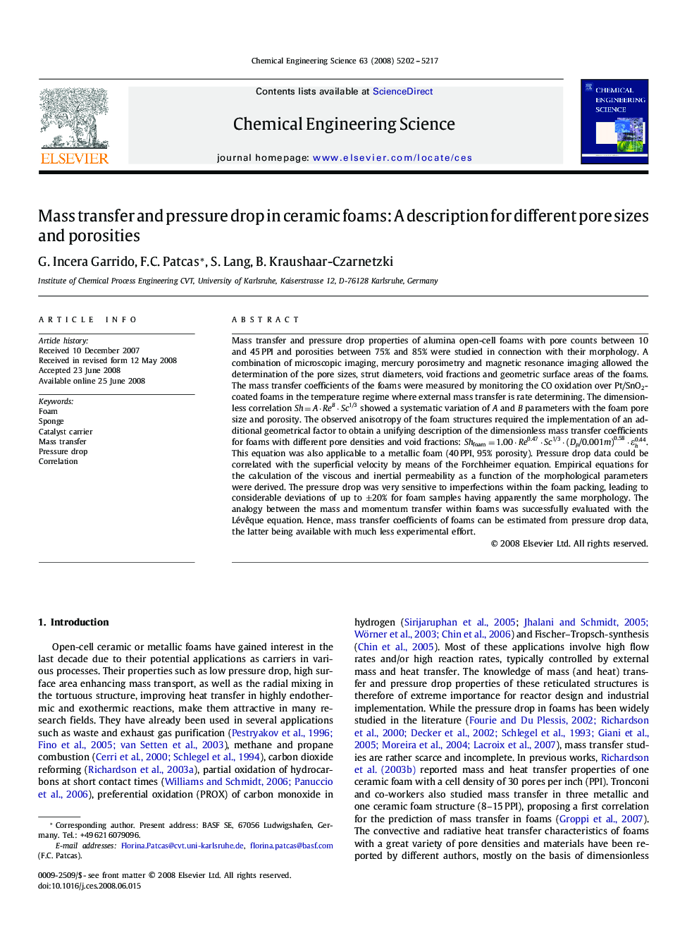 Mass transfer and pressure drop in ceramic foams: A description for different pore sizes and porosities