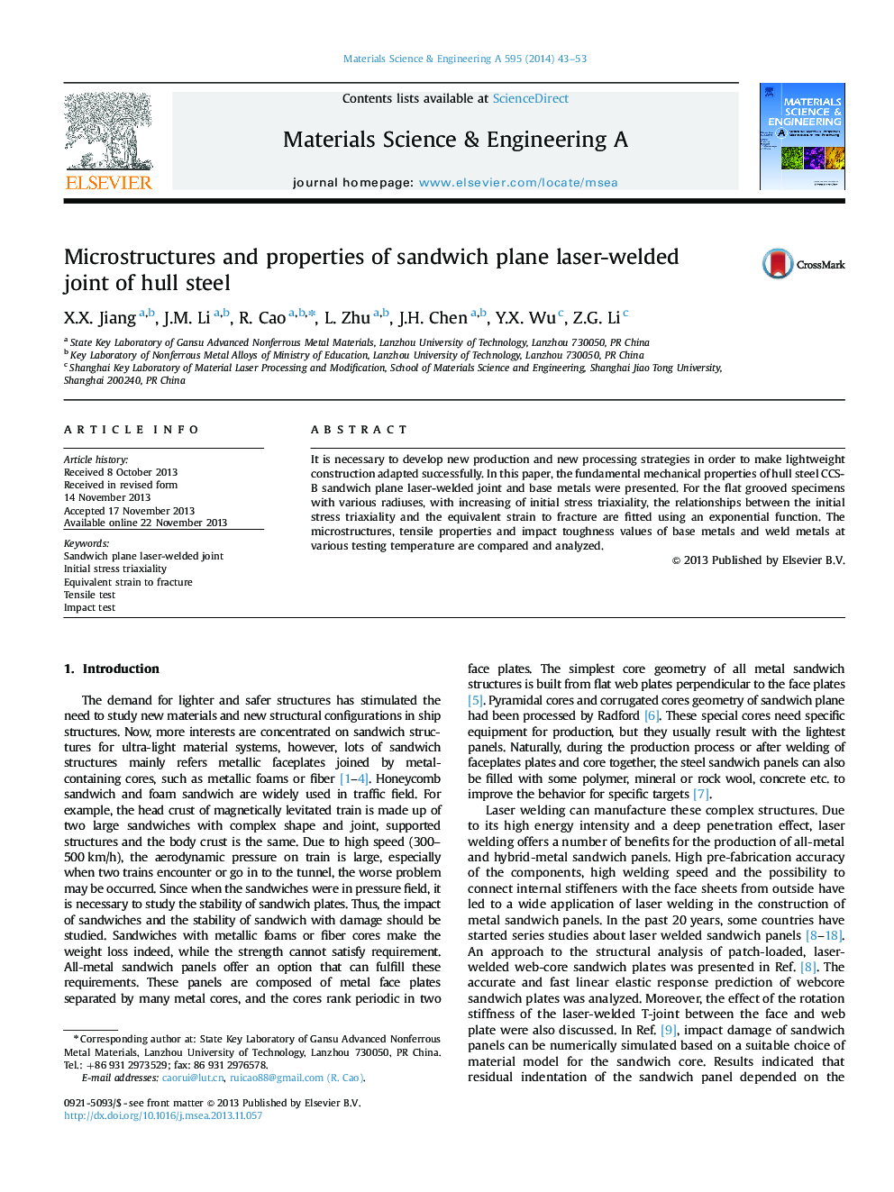 Microstructures and properties of sandwich plane laser-welded joint of hull steel