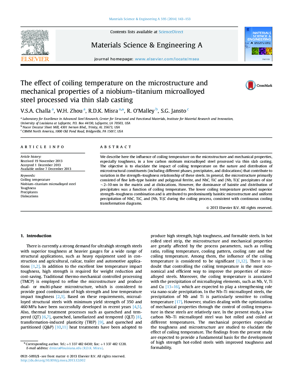 The effect of coiling temperature on the microstructure and mechanical properties of a niobium-titanium microalloyed steel processed via thin slab casting