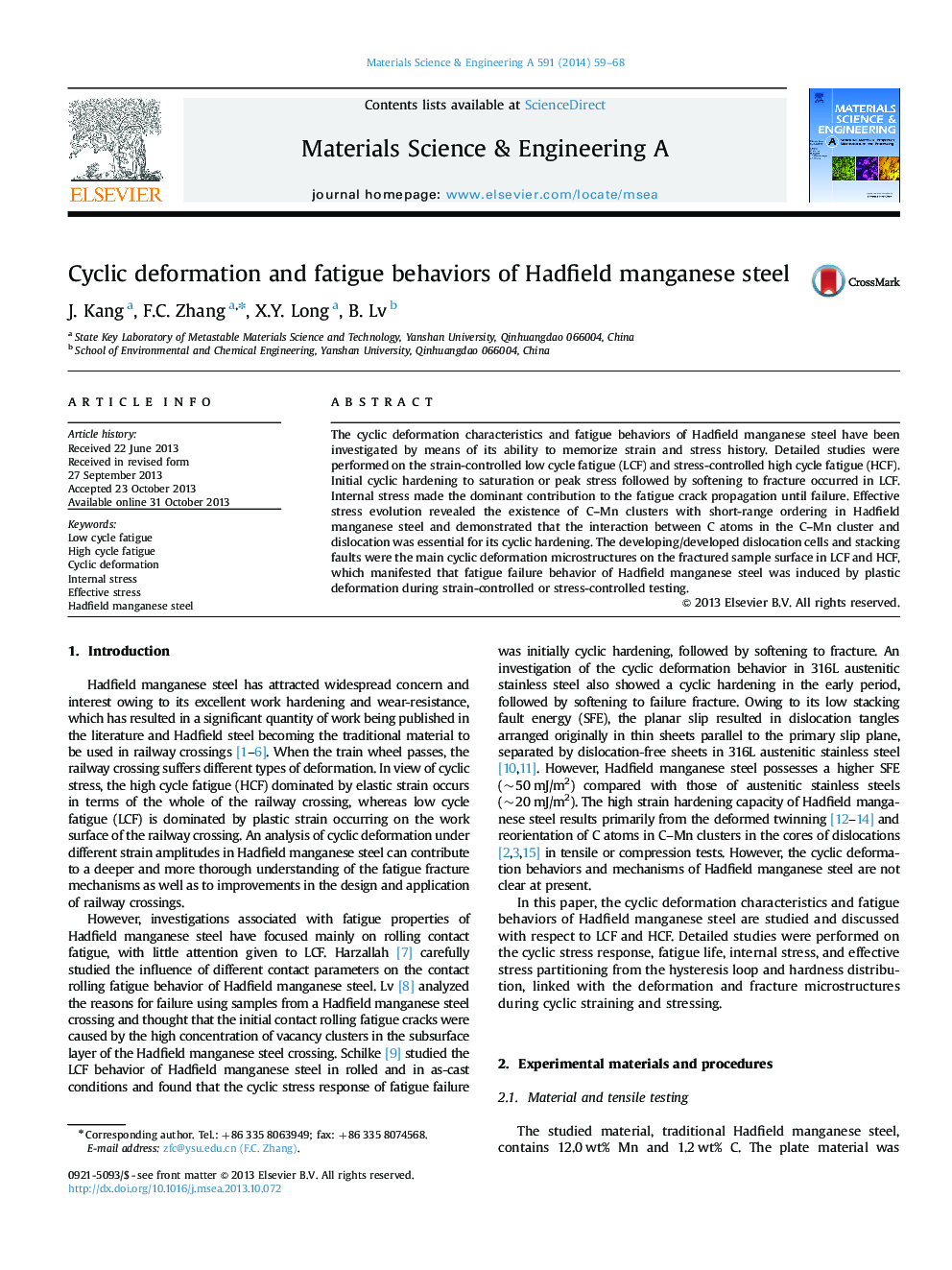 Cyclic deformation and fatigue behaviors of Hadfield manganese steel