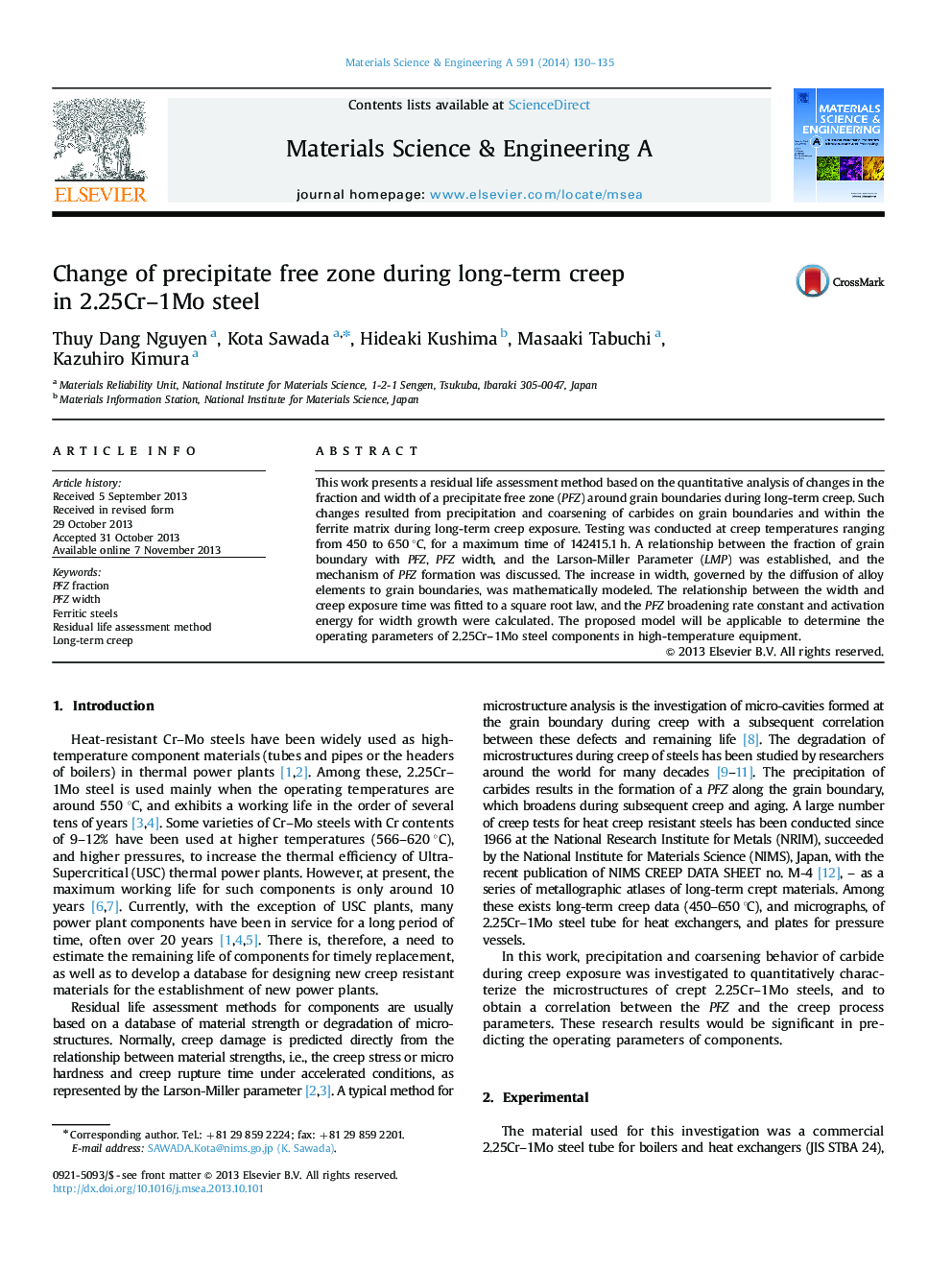 Change of precipitate free zone during long-term creep in 2.25Cr-1Mo steel