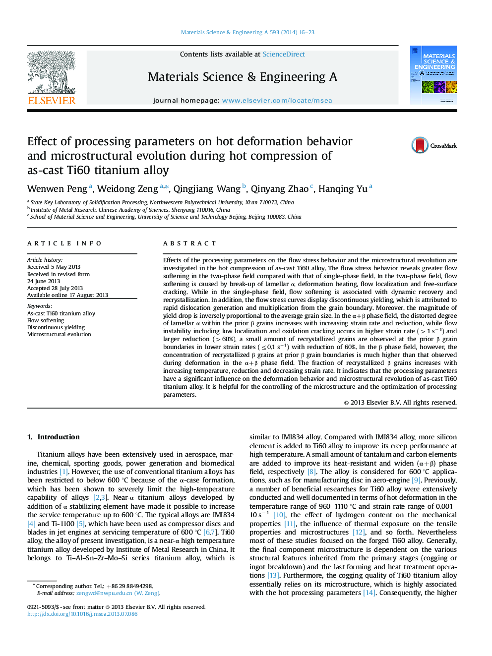 Effect of processing parameters on hot deformation behavior and microstructural evolution during hot compression of as-cast Ti60 titanium alloy