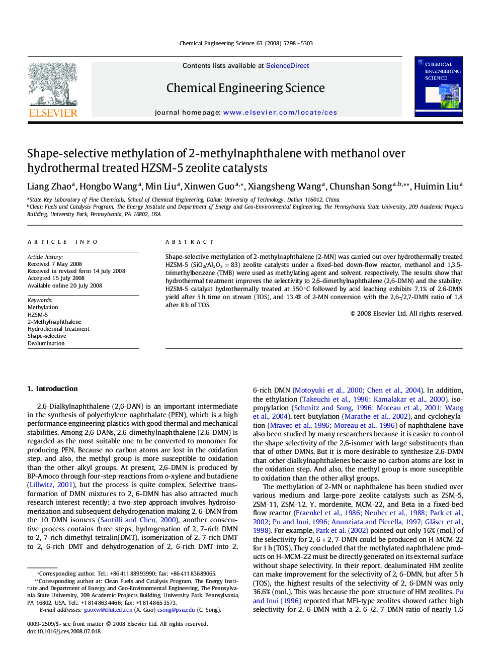 عکس صفحه اول مقاله: Shape-selective methylation of 2-methylnaphthalene with methanol over hydrothermal treated HZSM-5 zeolite catalysts Shape-selective methylation of 2-methylnaphthalene with methanol over hydrothermal treated HZSM-5 zeolite catalysts