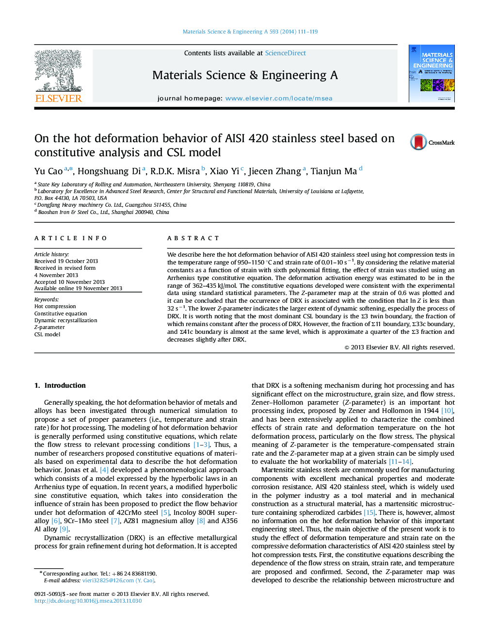 On the hot deformation behavior of AISI 420 stainless steel based on constitutive analysis and CSL model