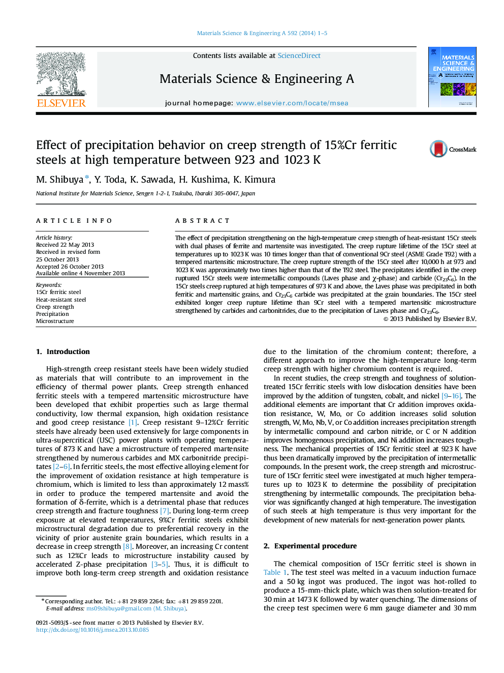 Effect of precipitation behavior on creep strength of 15%Cr ferritic steels at high temperature between 923 and 1023Â K