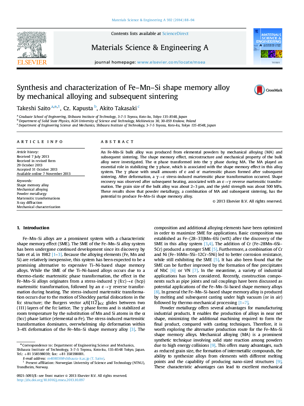 Synthesis and characterization of Fe–Mn–Si shape memory alloy by mechanical alloying and subsequent sintering