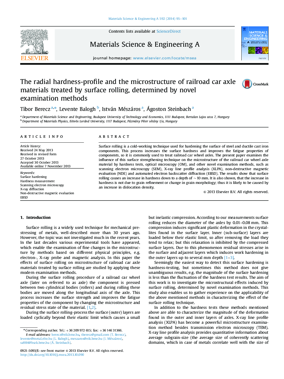 The radial hardness-profile and the microstructure of railroad car axle materials treated by surface rolling, determined by novel examination methods