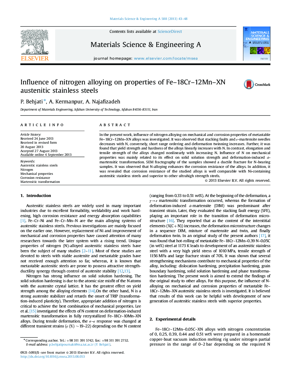 Influence of nitrogen alloying on properties of Fe318Cr312Mn3XN austenitic stainless steels