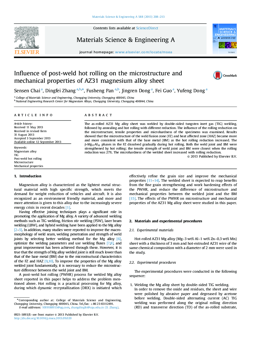 Influence of post-weld hot rolling on the microstructure and mechanical properties of AZ31 magnesium alloy sheet