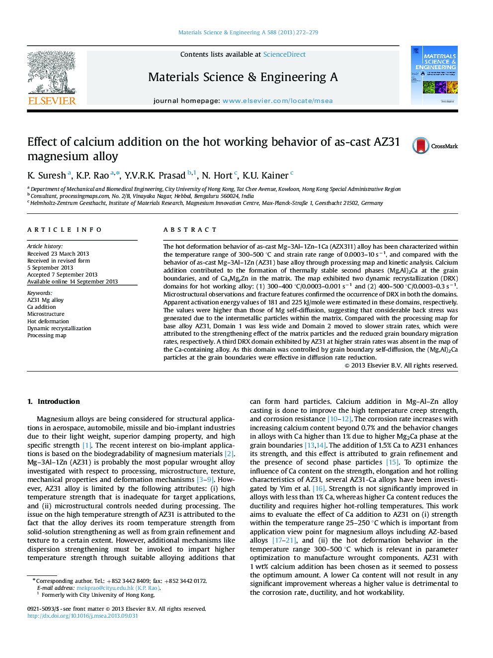 Effect of calcium addition on the hot working behavior of as-cast AZ31 magnesium alloy