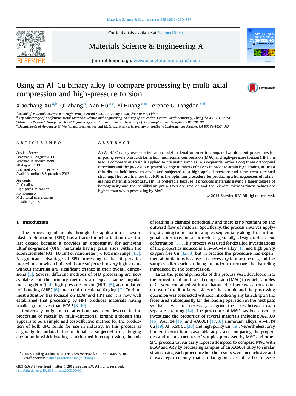 Using an Al-Cu binary alloy to compare processing by multi-axial compression and high-pressure torsion