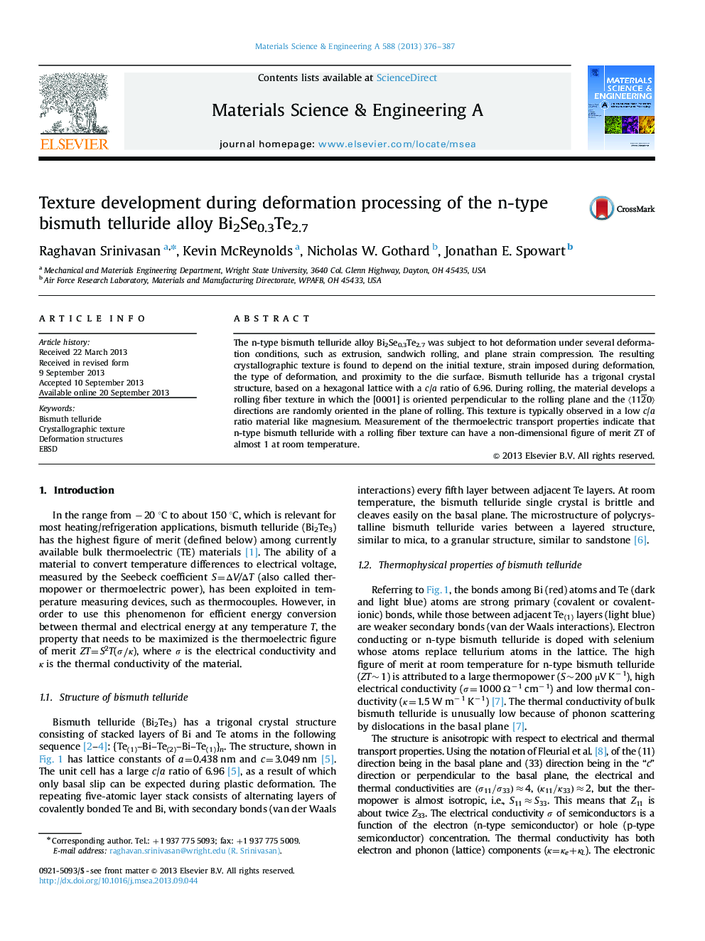 Texture development during deformation processing of the n-type bismuth telluride alloy Bi2Se0.3Te2.7