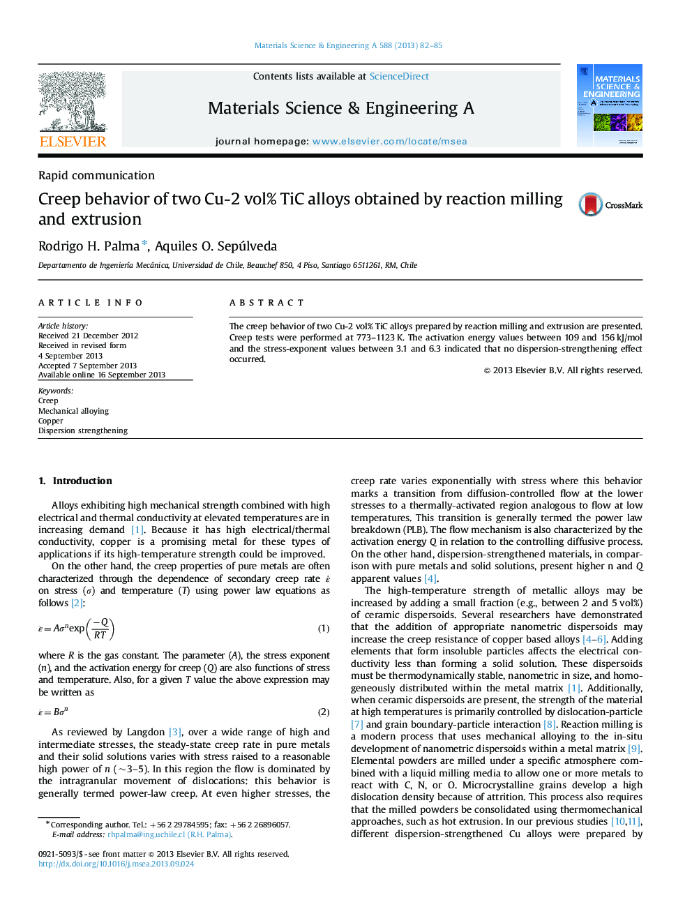 Creep behavior of two Cu-2Â vol% TiC alloys obtained by reaction milling and extrusion