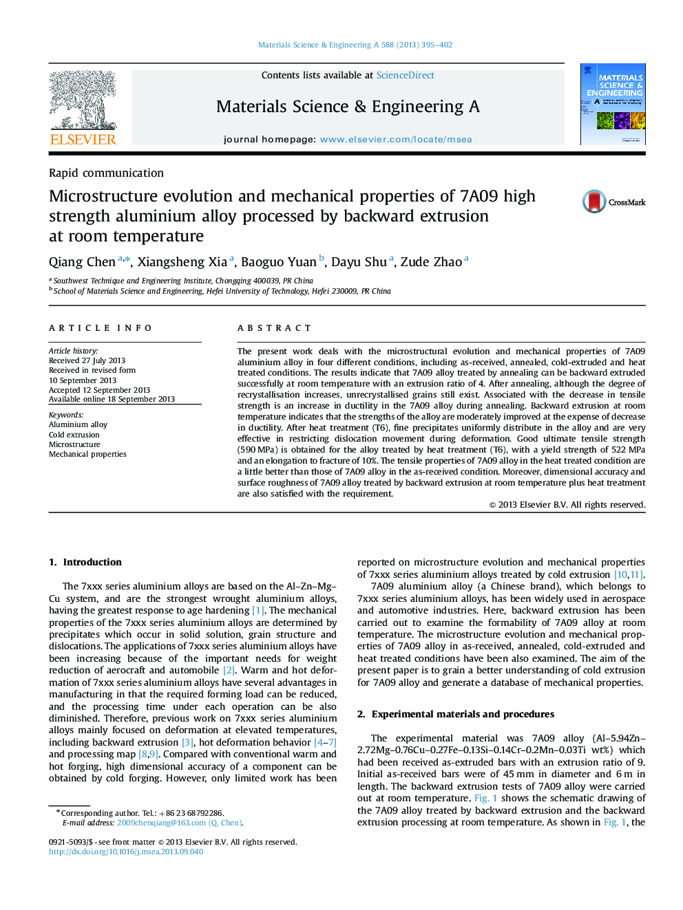 Microstructure evolution and mechanical properties of 7A09 high strength aluminium alloy processed by backward extrusion at room temperature