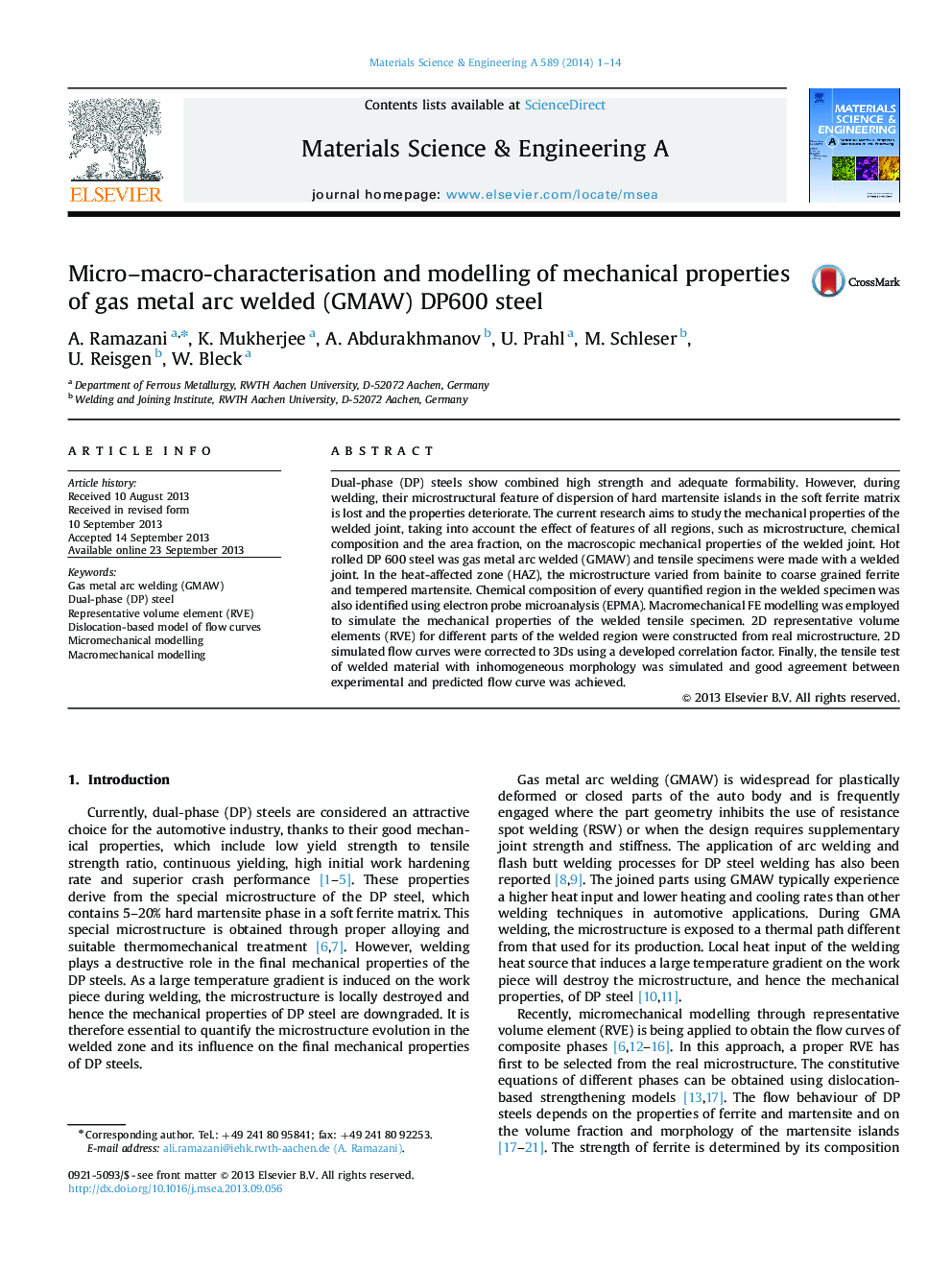 Micro-macro-characterisation and modelling of mechanical properties of gas metal arc welded (GMAW) DP600 steel