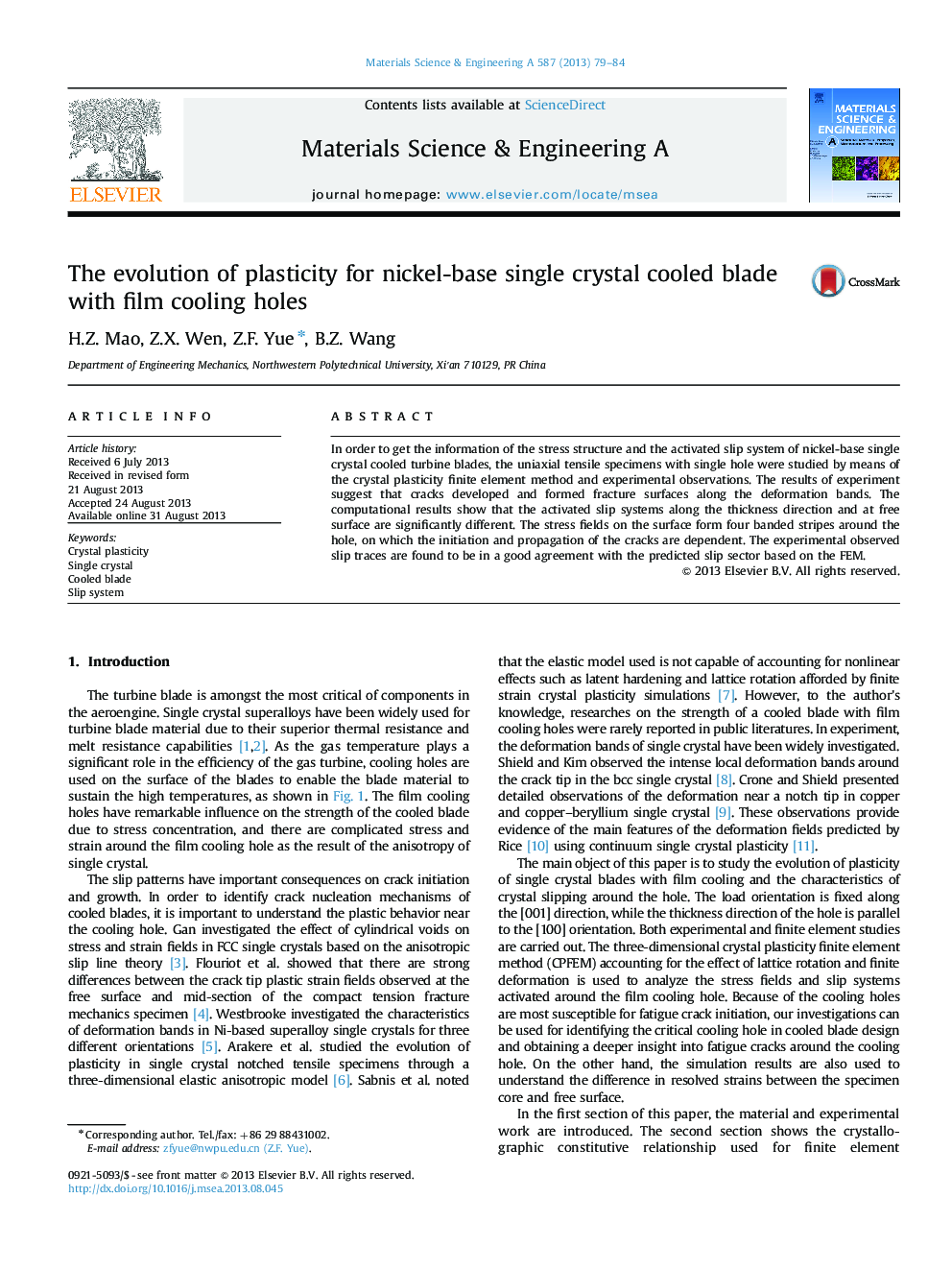 The evolution of plasticity for nickel-base single crystal cooled blade with film cooling holes