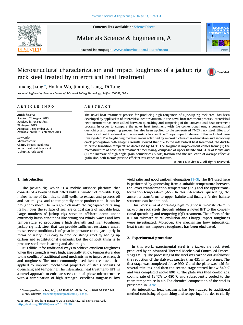 Microstructural characterization and impact toughness of a jackup rig rack steel treated by intercritical heat treatment