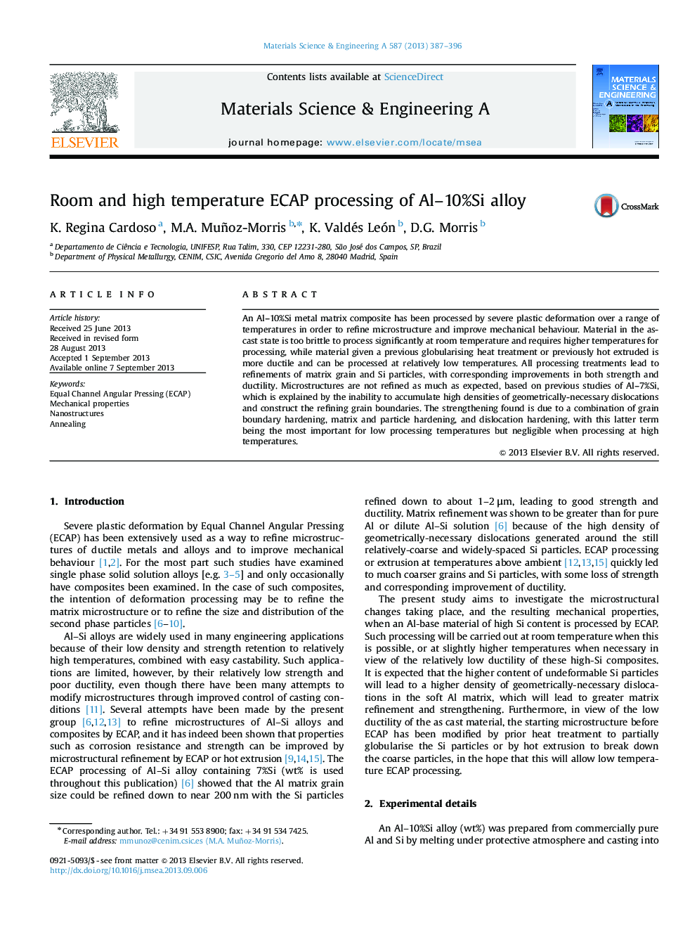 Room and high temperature ECAP processing of Al-10%Si alloy