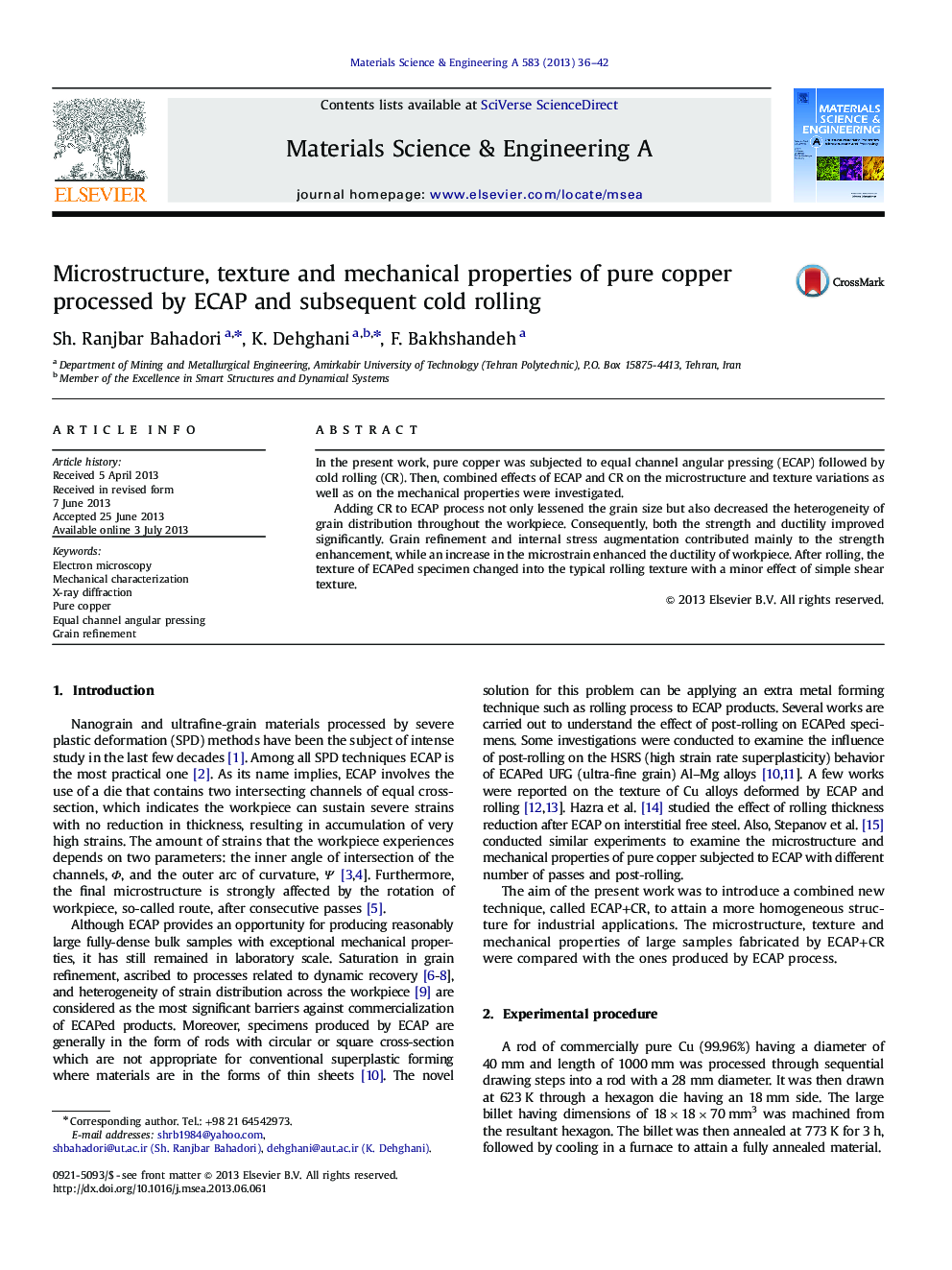 Microstructure, texture and mechanical properties of pure copper processed by ECAP and subsequent cold rolling