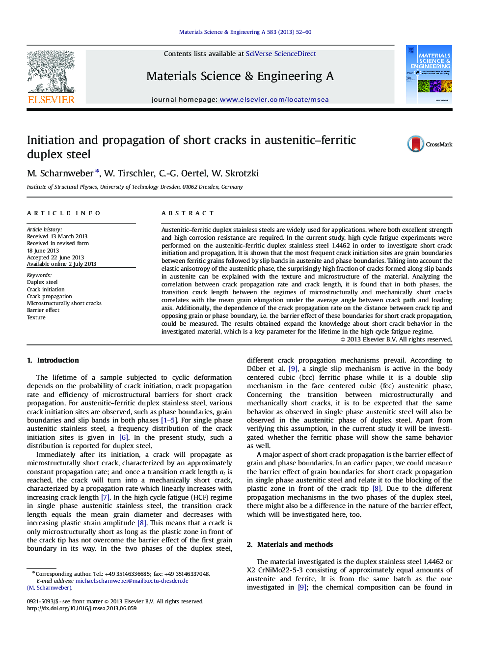 Initiation and propagation of short cracks in austenitic-ferritic duplex steel