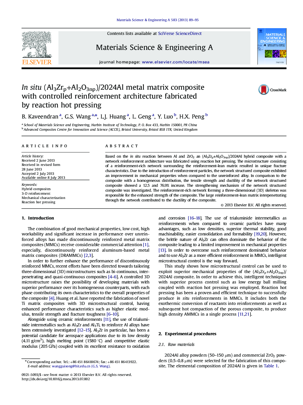 In situ (Al3Zrp+Al2O3np)/2024Al metal matrix composite with controlled reinforcement architecture fabricated by reaction hot pressing