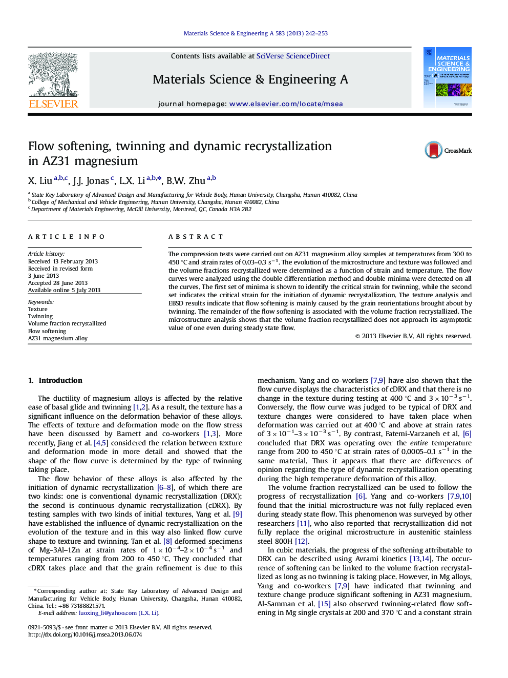 Flow softening, twinning and dynamic recrystallization in AZ31 magnesium