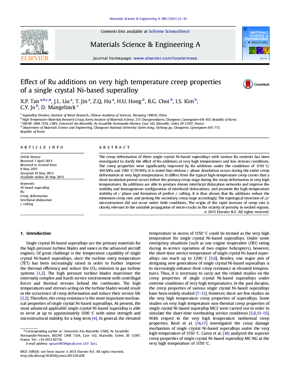 Effect of Ru additions on very high temperature creep properties of a single crystal Ni-based superalloy