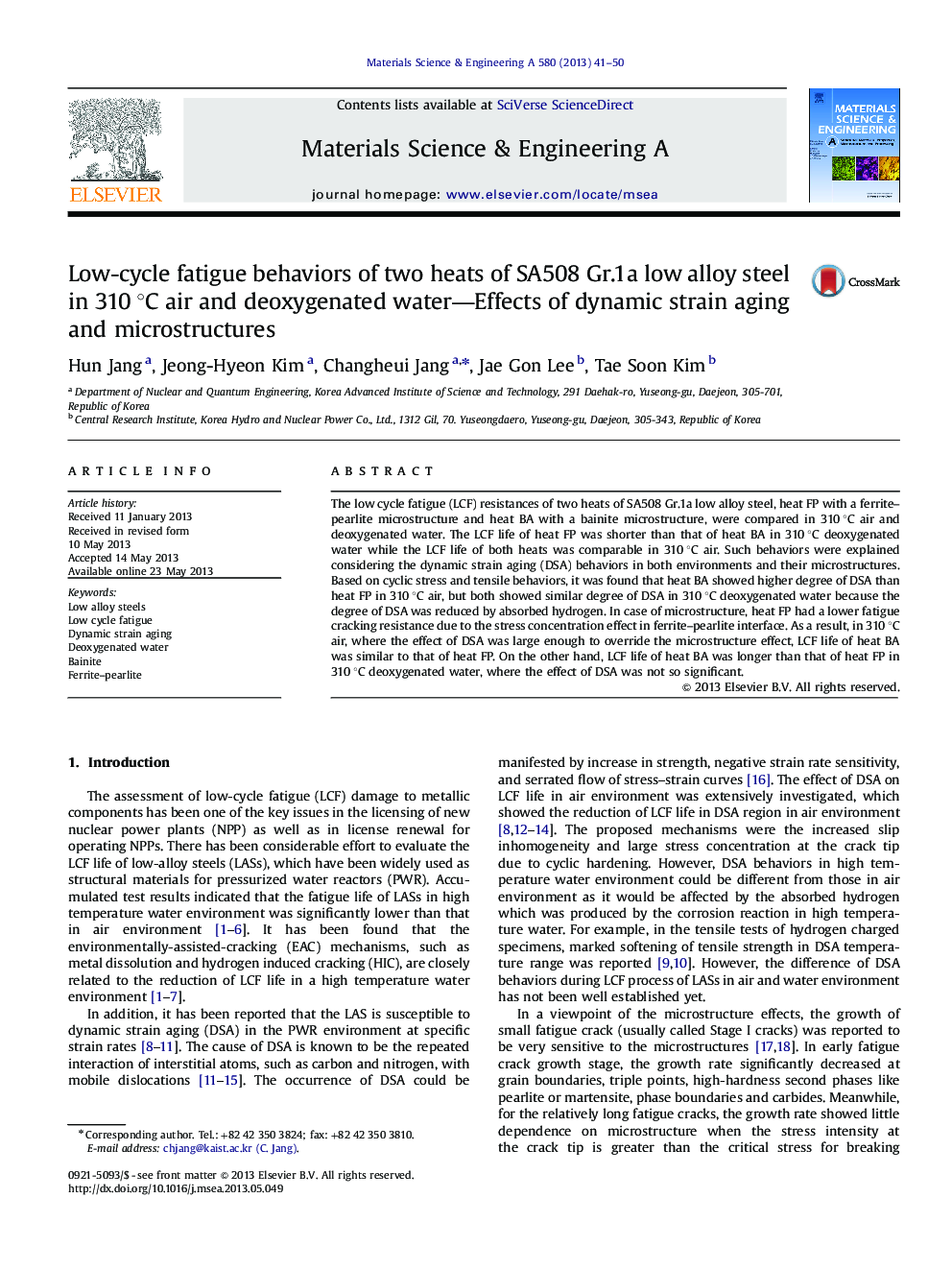 Low-cycle fatigue behaviors of two heats of SA508 Gr.1a low alloy steel in 310Â Â°C air and deoxygenated water-Effects of dynamic strain aging and microstructures