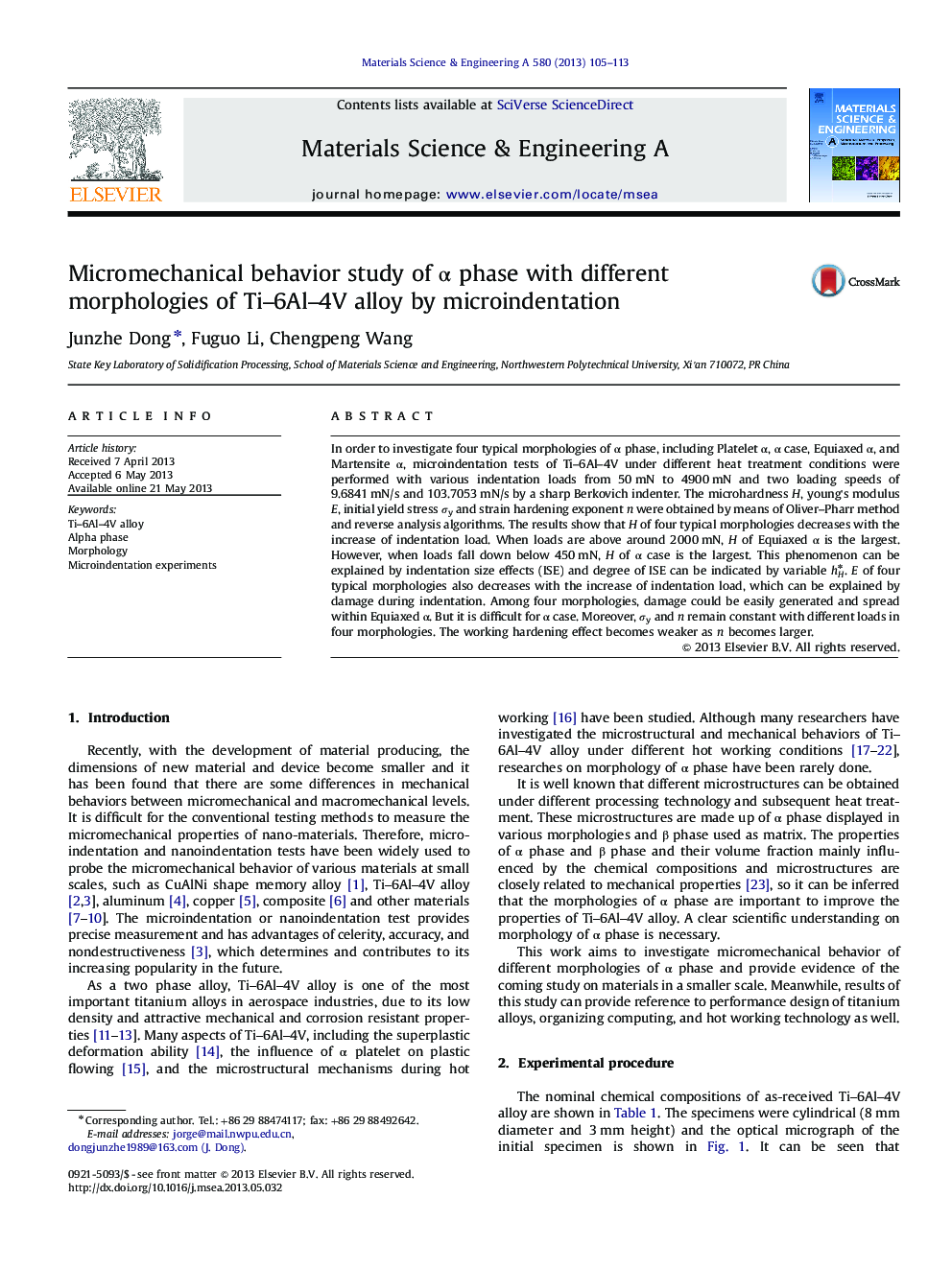 Micromechanical behavior study of α phase with different morphologies of Ti–6Al–4V alloy by microindentation