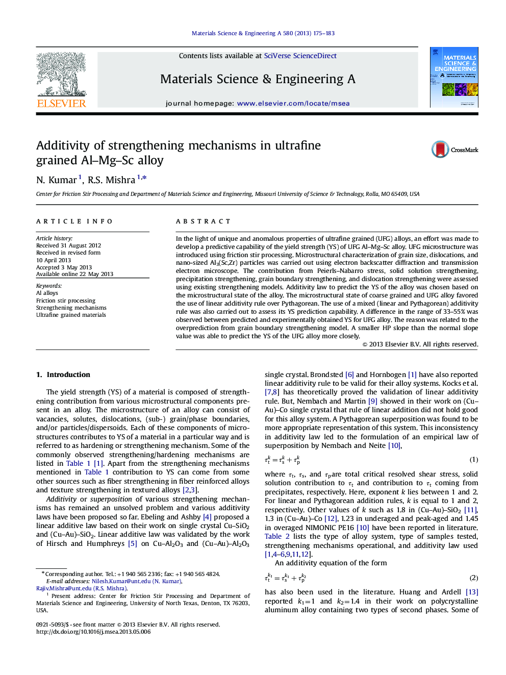 Additivity of strengthening mechanisms in ultrafine grained Al-Mg-Sc alloy