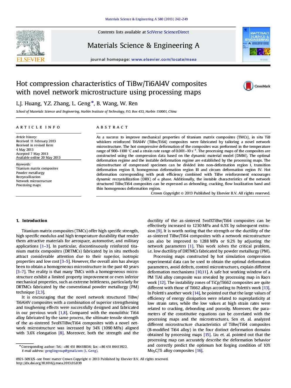 Hot compression characteristics of TiBw/Ti6Al4V composites with novel network microstructure using processing maps