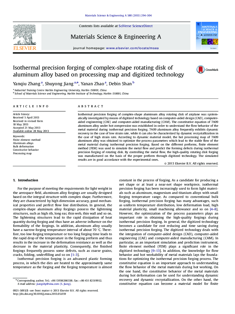 Isothermal precision forging of complex-shape rotating disk of aluminum alloy based on processing map and digitized technology