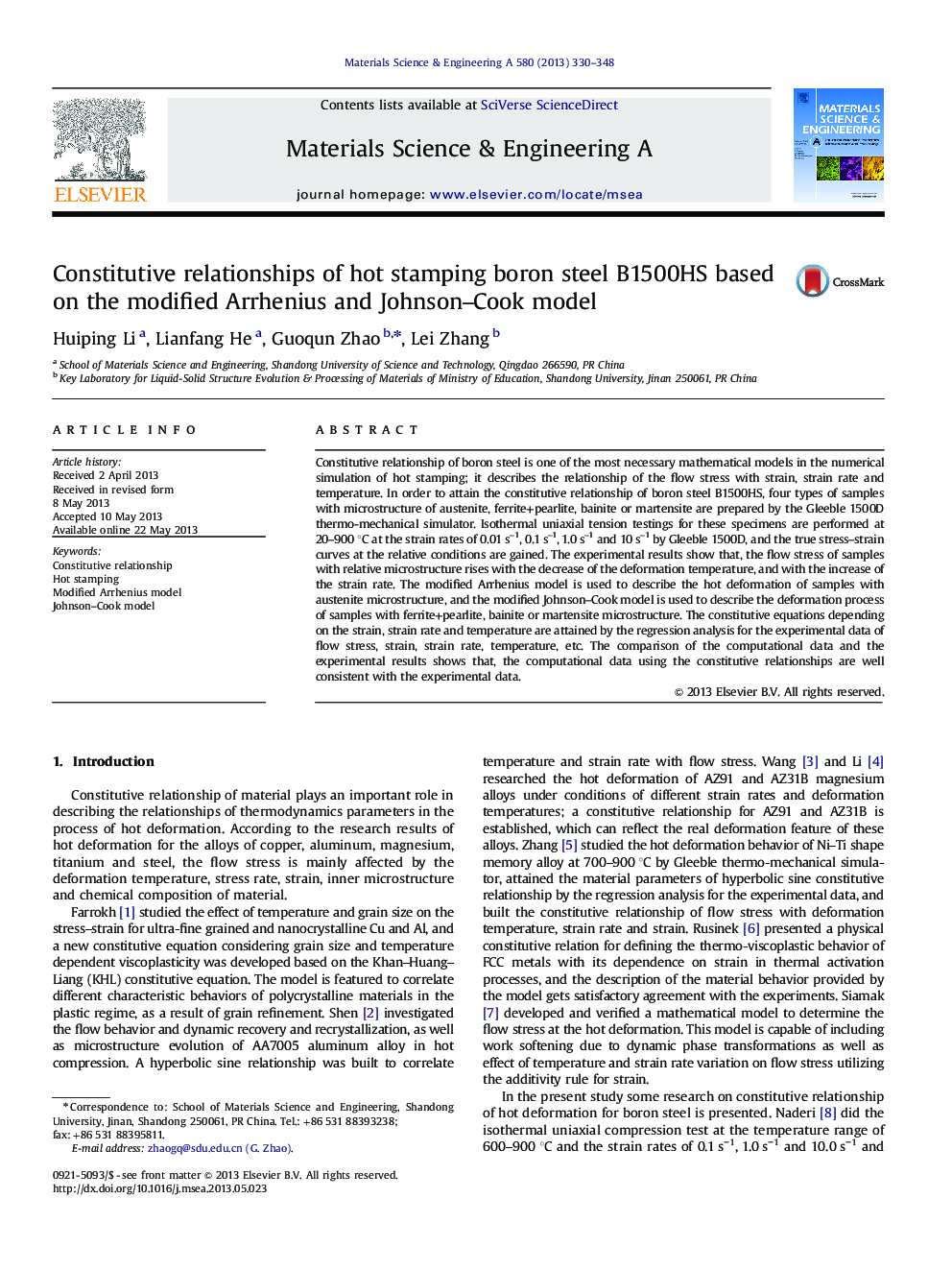 Constitutive relationships of hot stamping boron steel B1500HS based on the modified Arrhenius and Johnson-Cook model