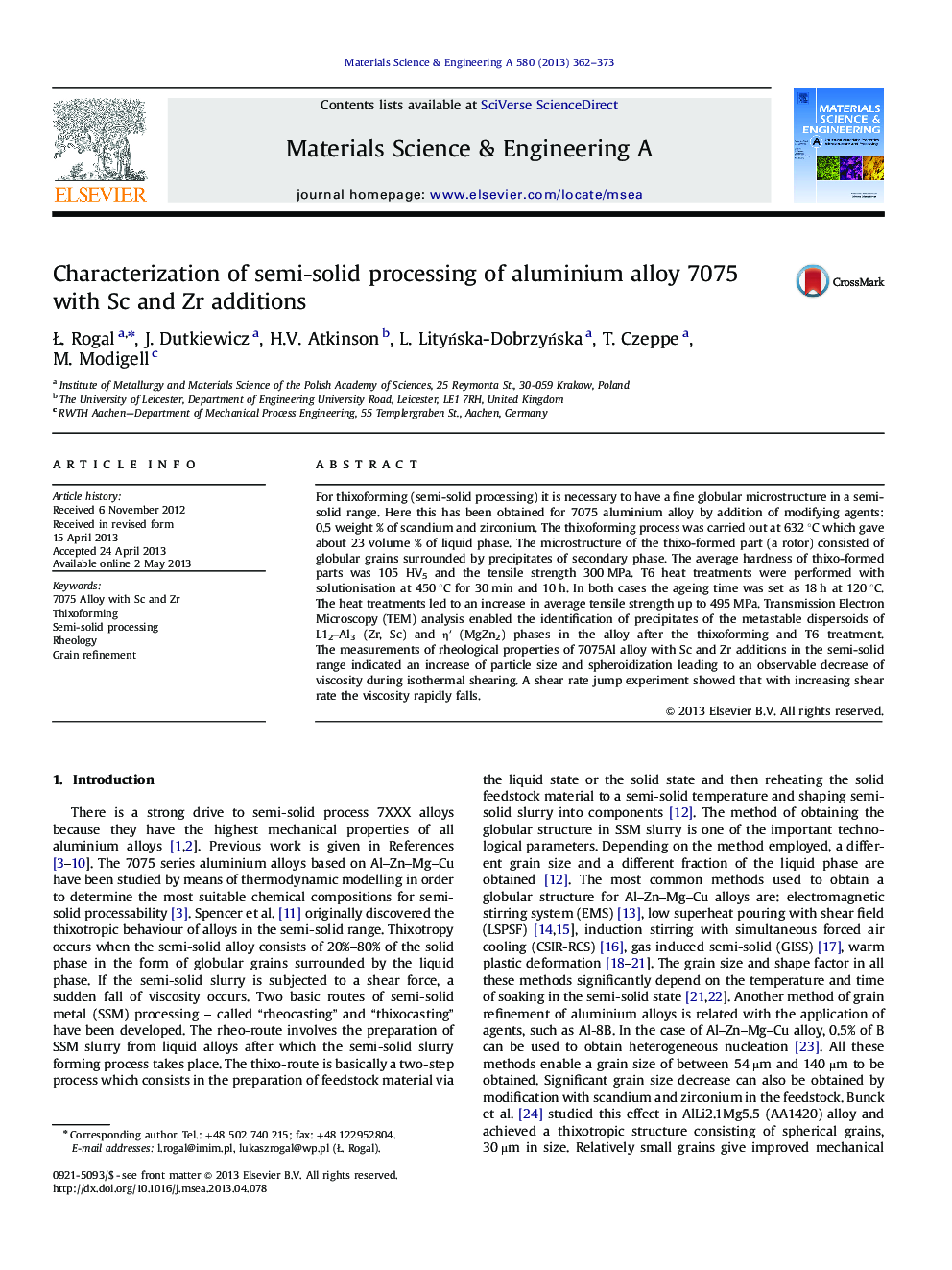 Characterization of semi-solid processing of aluminium alloy 7075 with Sc and Zr additions