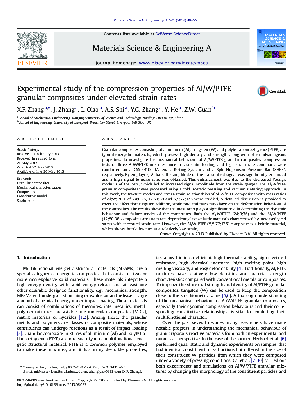 Experimental study of the compression properties of Al/W/PTFE granular composites under elevated strain rates