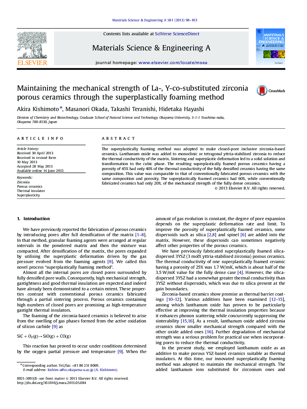 Maintaining the mechanical strength of La-, Y-co-substituted zirconia porous ceramics through the superplastically foaming method