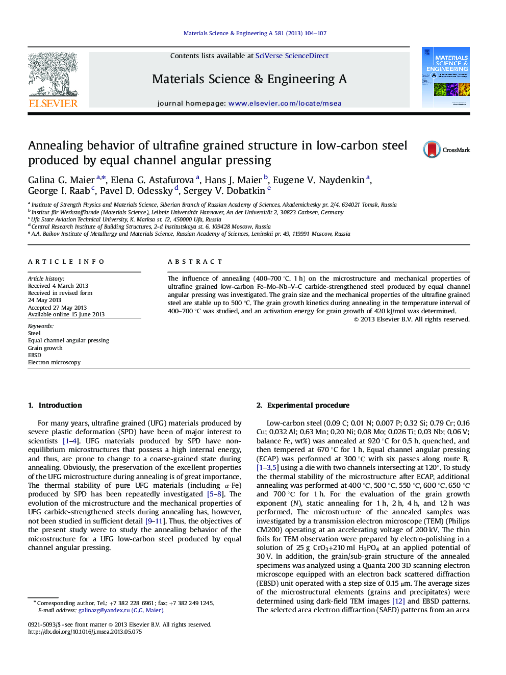 Annealing behavior of ultrafine grained structure in low-carbon steel produced by equal channel angular pressing