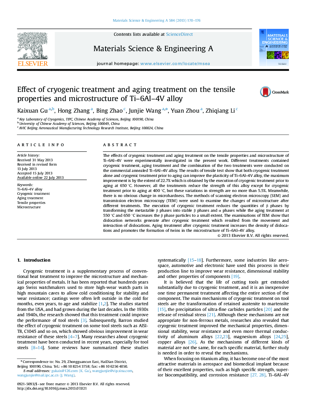 Effect of cryogenic treatment and aging treatment on the tensile properties and microstructure of Ti-6Al-4V alloy