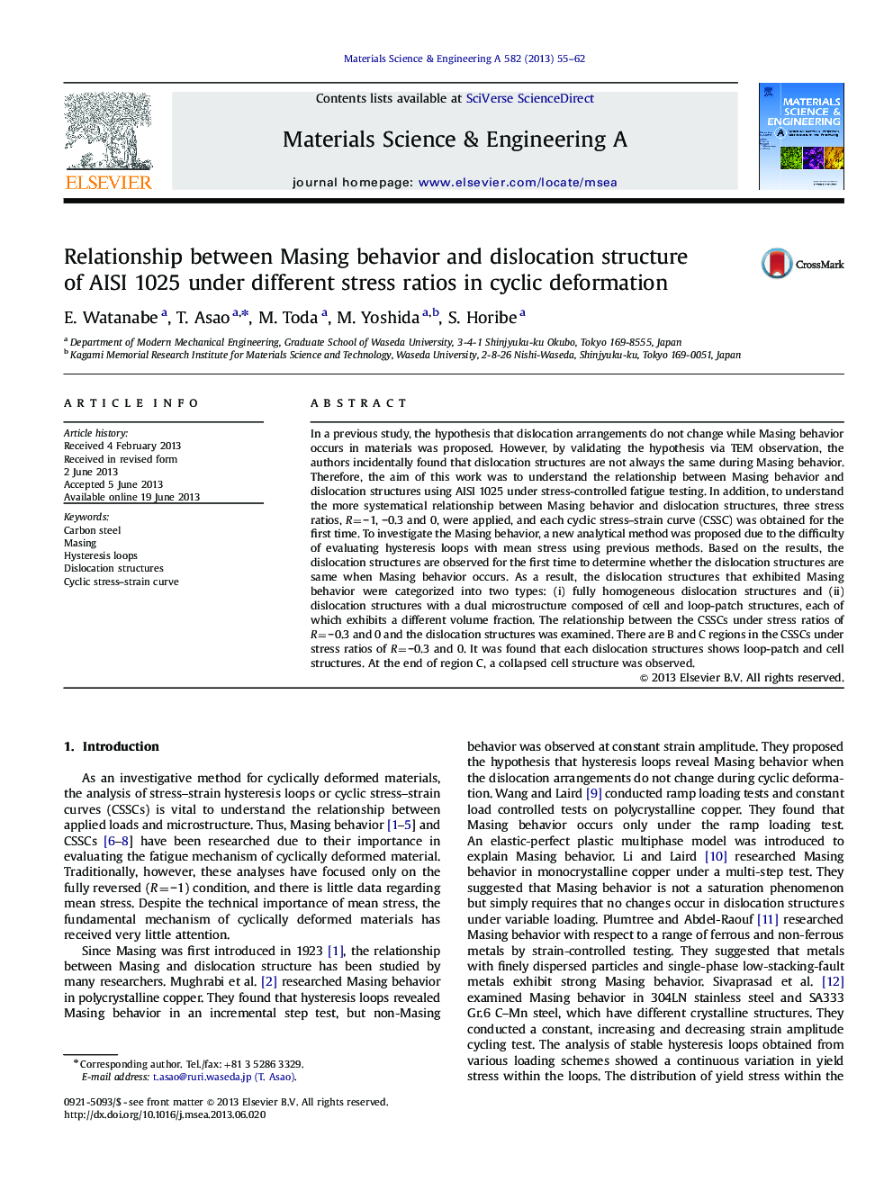 Relationship between Masing behavior and dislocation structure of AISI 1025 under different stress ratios in cyclic deformation