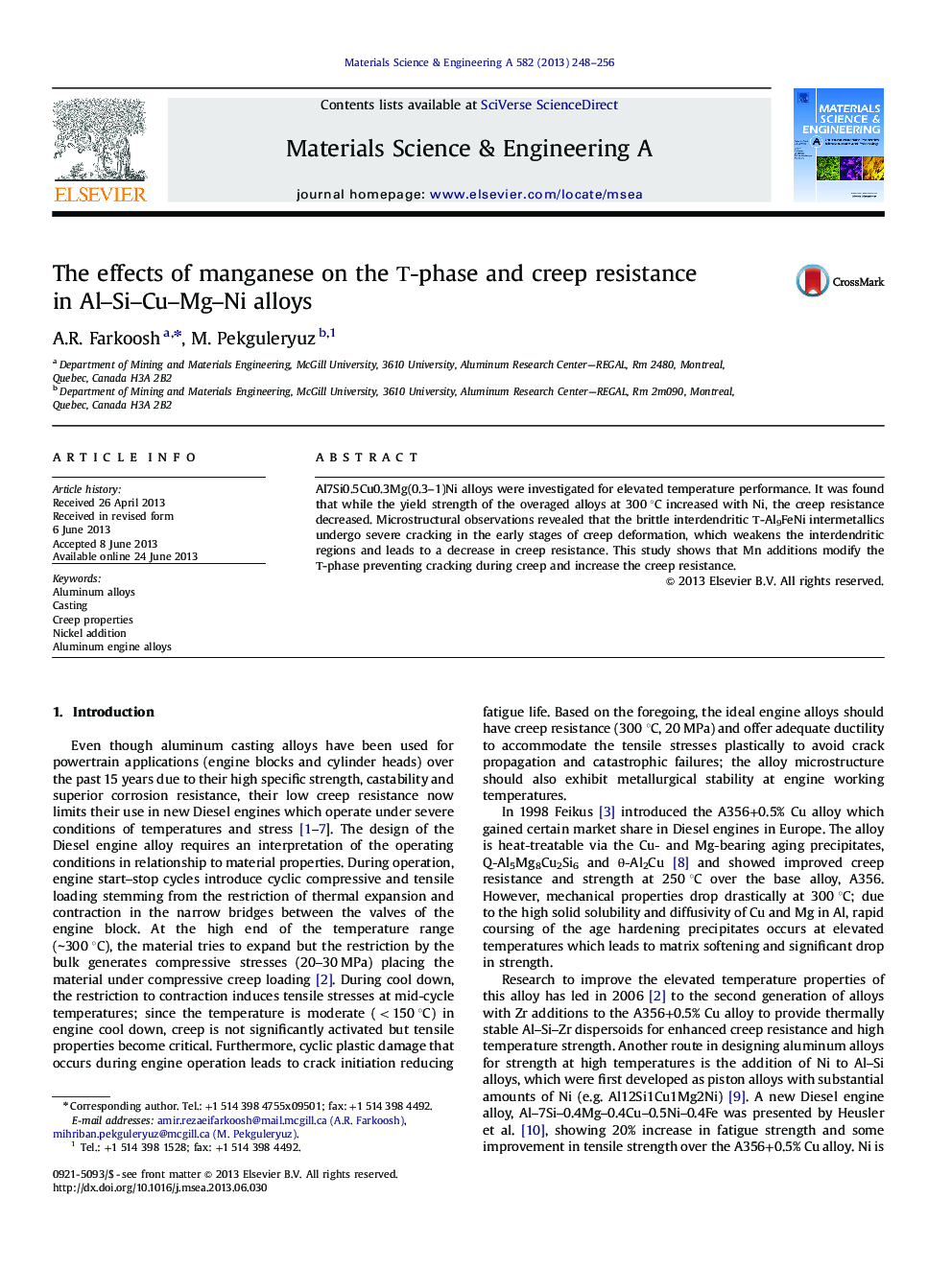 The effects of manganese on the Î¤-phase and creep resistance in Al-Si-Cu-Mg-Ni alloys