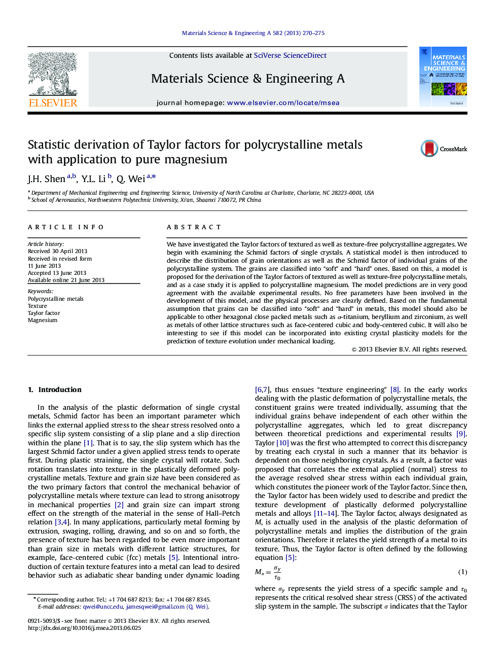 Statistic derivation of Taylor factors for polycrystalline metals with application to pure magnesium