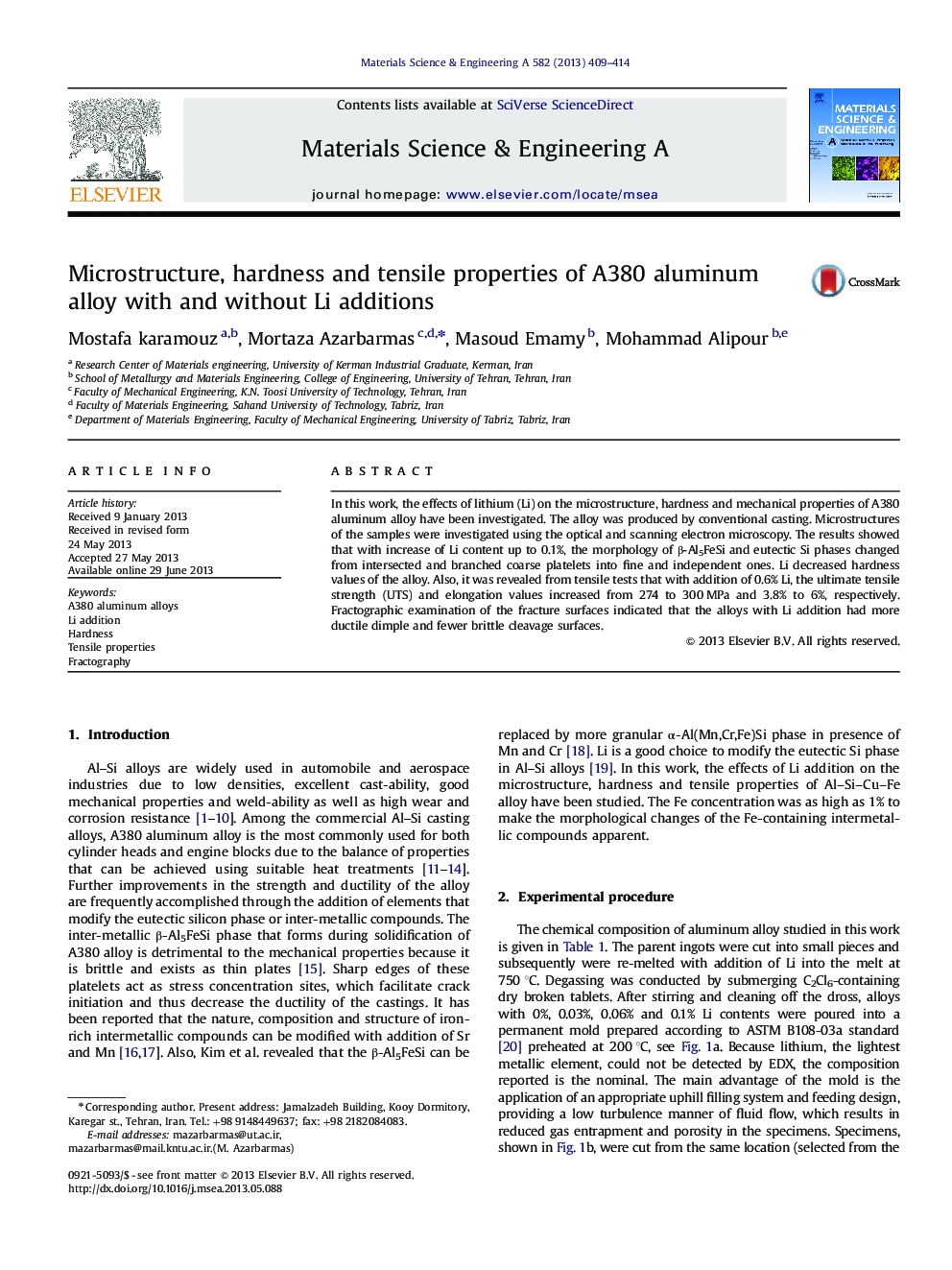 Microstructure, hardness and tensile properties of A380 aluminum alloy with and without Li additions