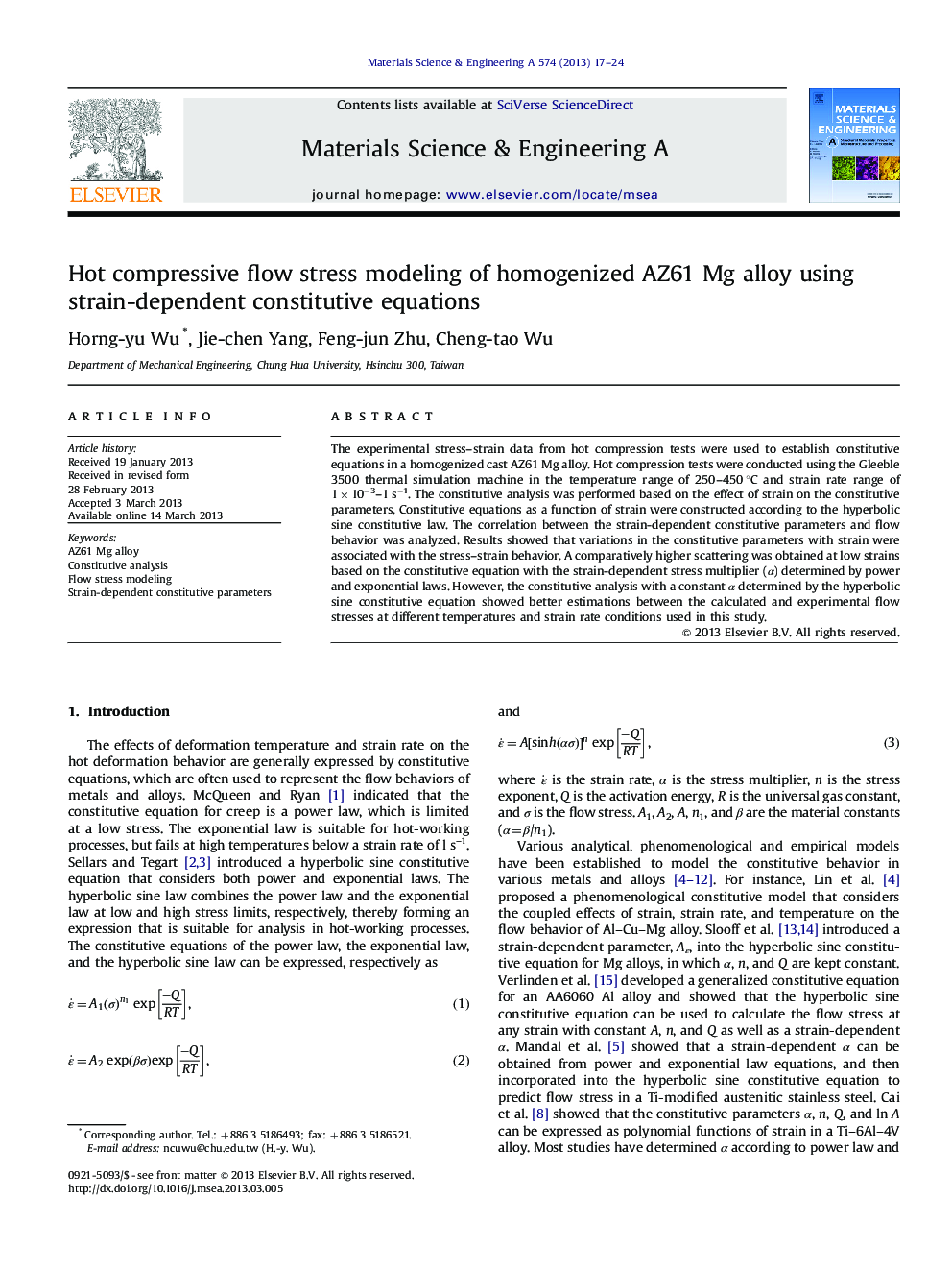 Hot compressive flow stress modeling of homogenized AZ61 Mg alloy using strain-dependent constitutive equations