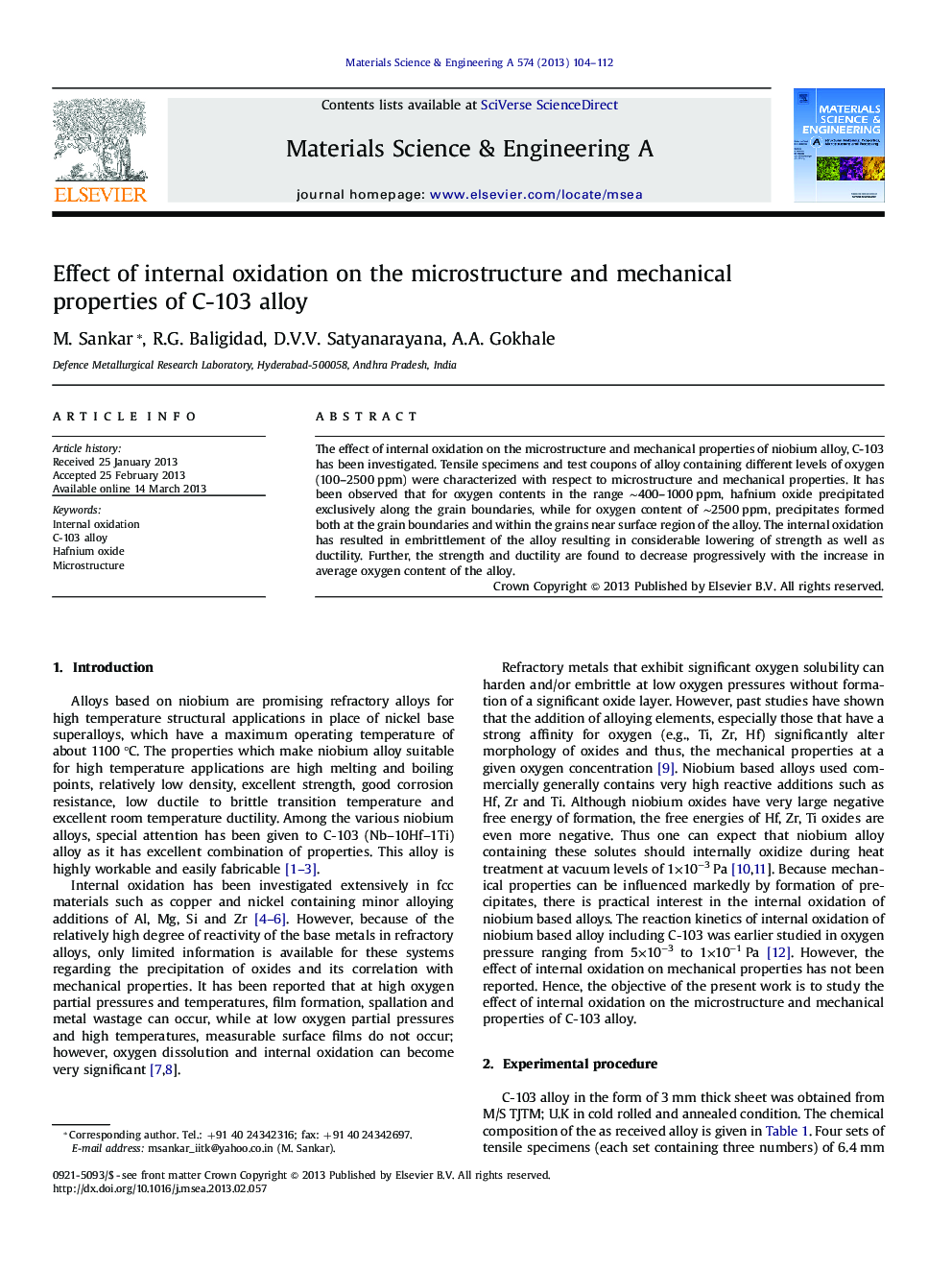 Effect of internal oxidation on the microstructure and mechanical properties of C-103 alloy