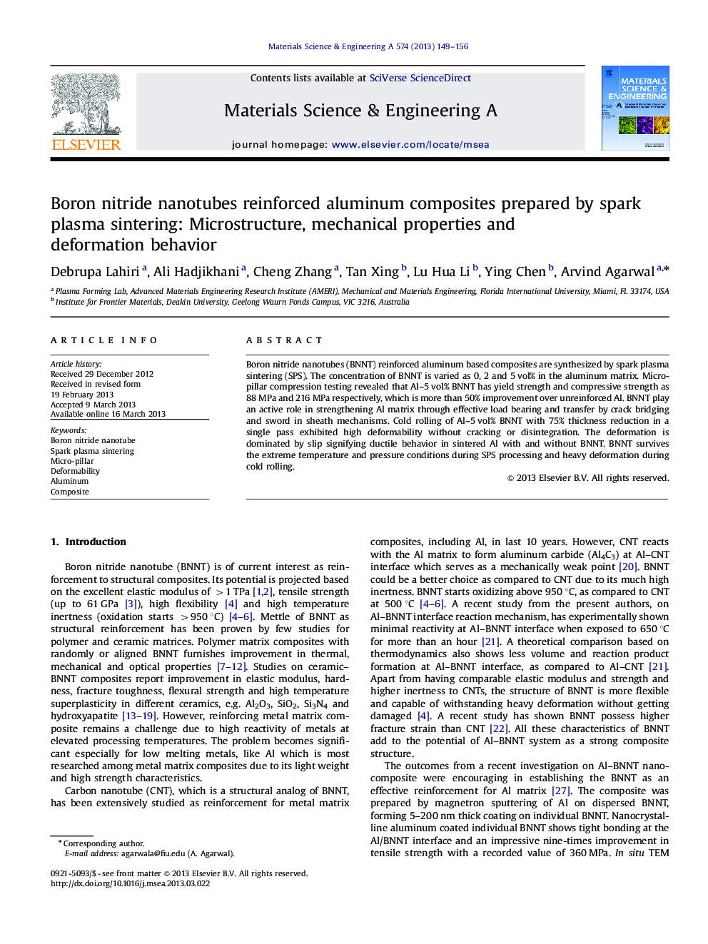 Boron nitride nanotubes reinforced aluminum composites prepared by spark plasma sintering: Microstructure, mechanical properties and deformation behavior