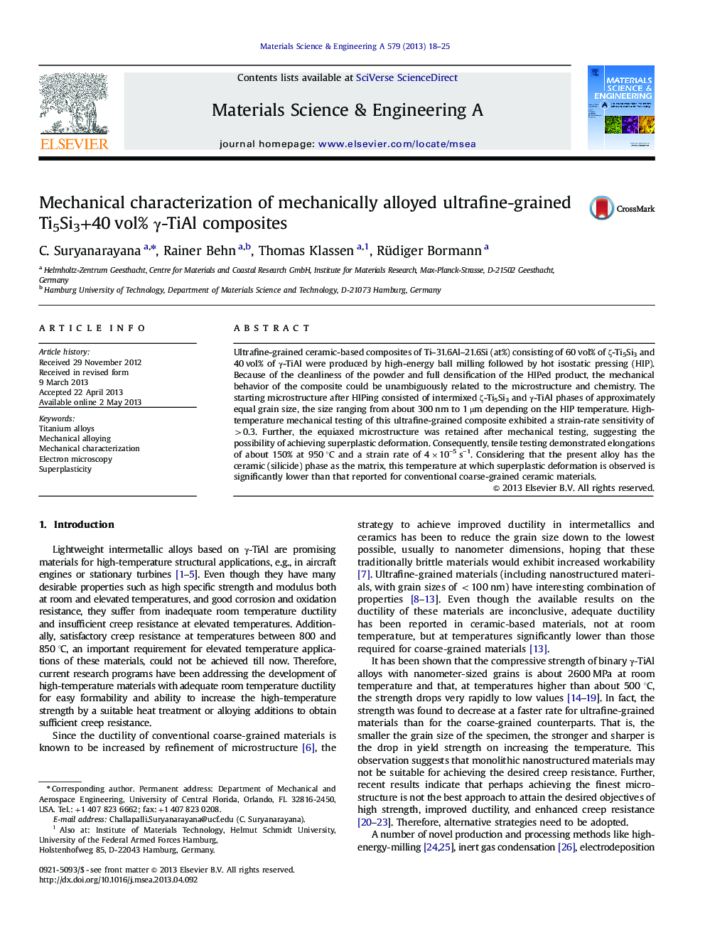 Mechanical characterization of mechanically alloyed ultrafine-grained Ti5Si3+40Â vol% Î³-TiAl composites