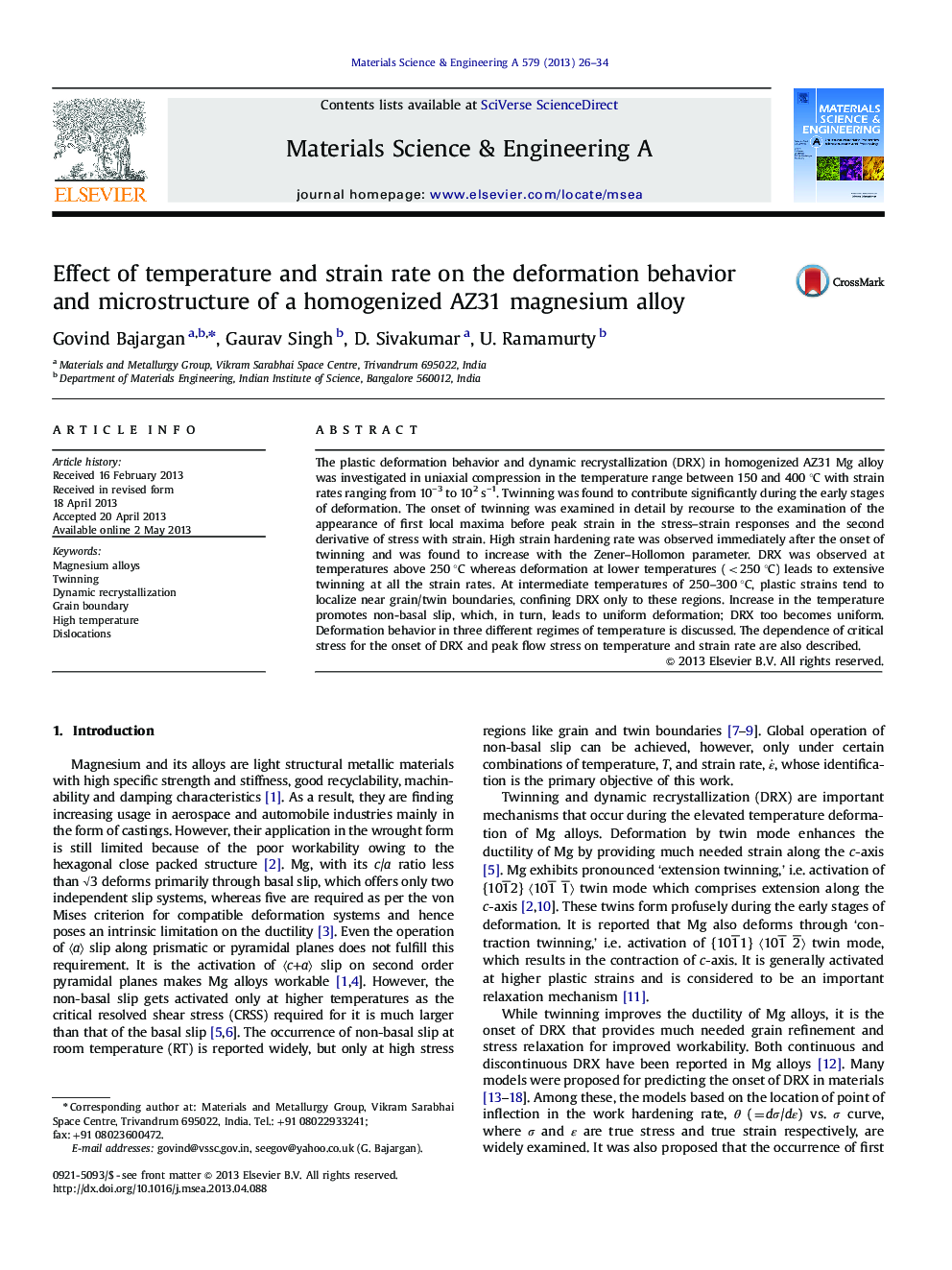 Effect of temperature and strain rate on the deformation behavior and microstructure of a homogenized AZ31 magnesium alloy